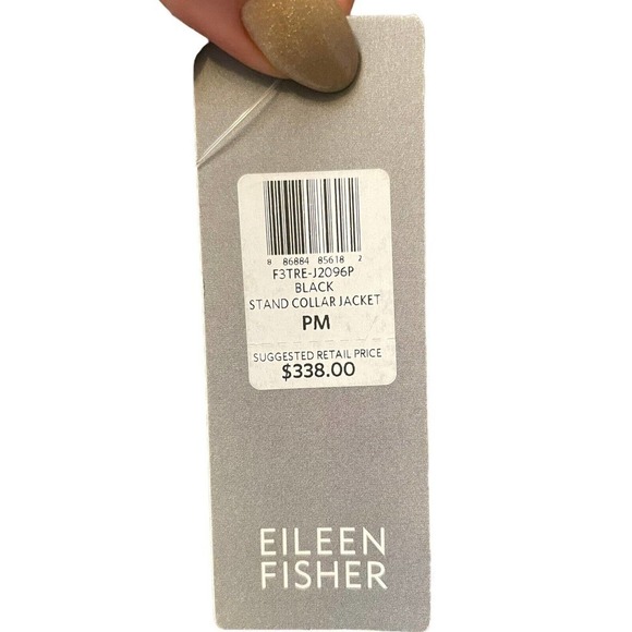 Eileen Fisher NWT Petite Tropical Blazer w Leather Trim Black Stand Collar PM - Picture 9 of 12